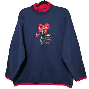 VTG 90s GRANDMA Made Usa XL NAVY RED EMBROIDERED GRANDKID KEY M&C COTTAGECORE